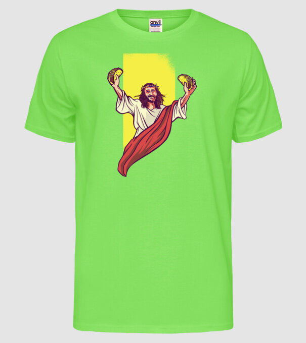 Isus cu Taco tricou amuzant model verde neon pe tricou