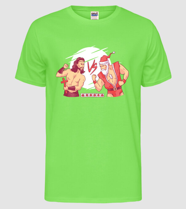 Isus vs Moș Crăciun Street Fighter tricou amuzant Crăciun model verde neon pe tricou