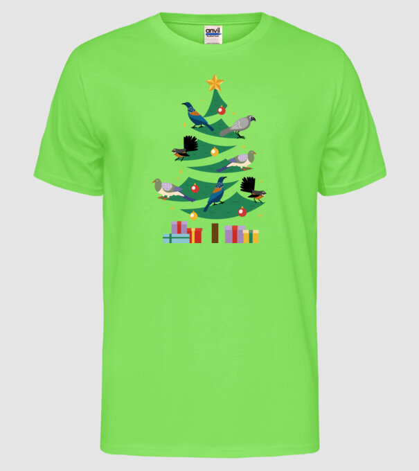 Pom de Crăciun cu păsări model verde neon pe tricou