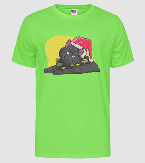 Pisică de Crăciun model verde neon pe tricou