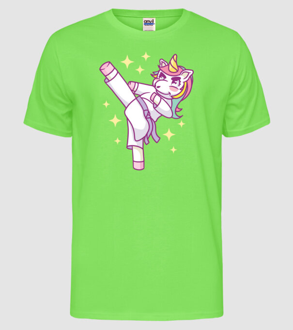 Karate unicorn model verde neon pe tricou