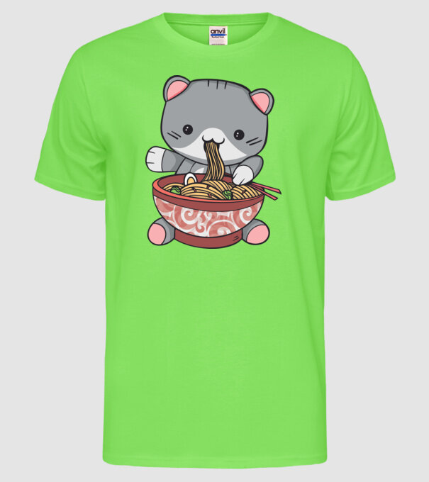Pisică Kawaii Ramen model verde neon pe tricou