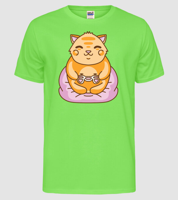 Pisică Gamer Kawaii model verde neon pe tricou