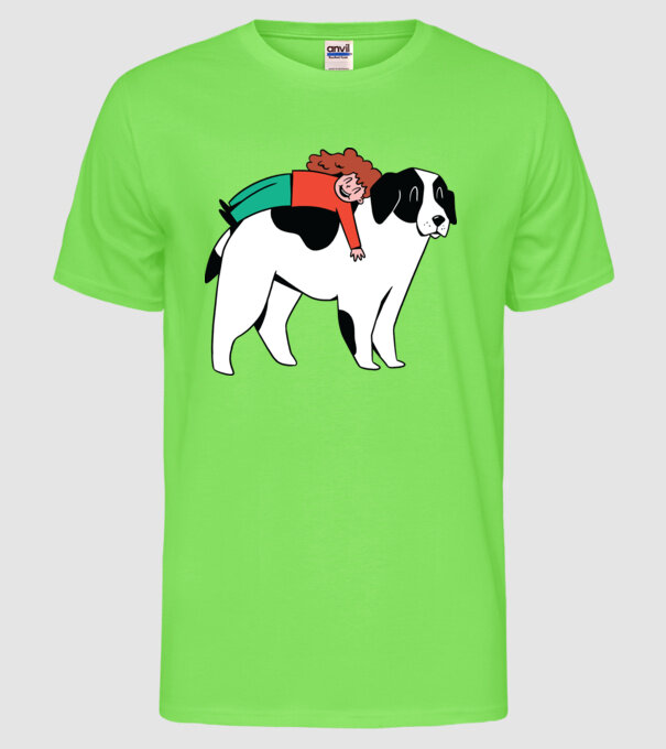 Fetiță cu câine model verde neon pe tricou
