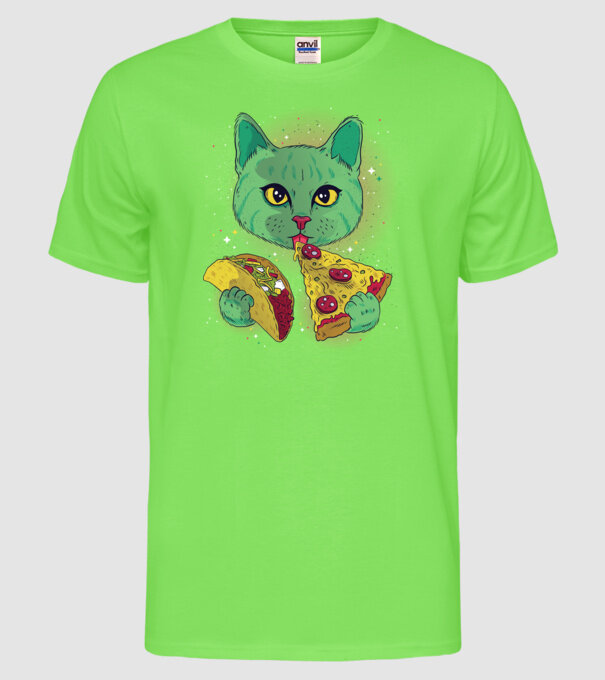 Pisică Cosmică Pizza și Taco model verde neon pe tricou