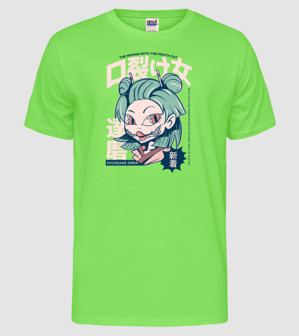 Kuchisake Onna Yokai Anime model verde neon pe tricou