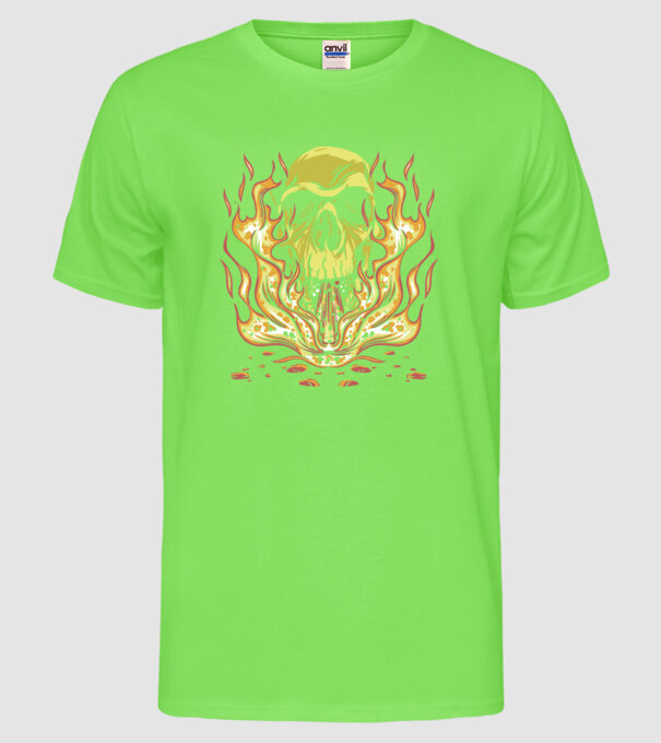 Craniu în flăcări model verde neon pe tricou