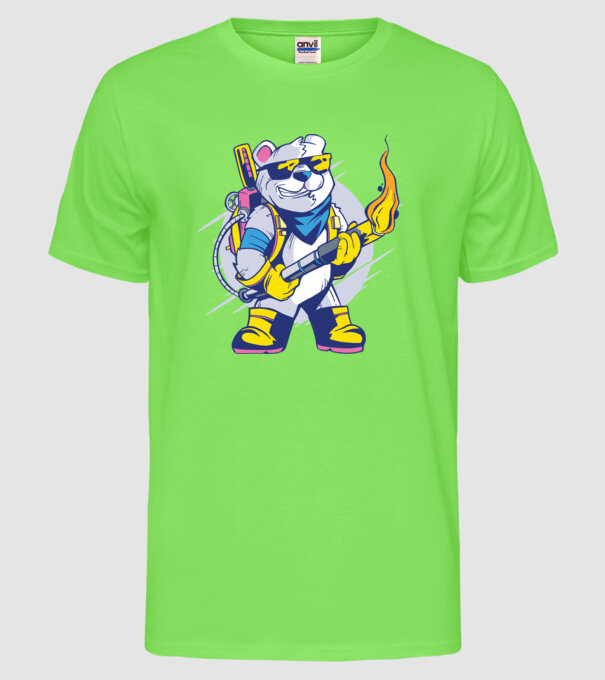 Urs cu aruncător de flăcări model verde neon pe tricou