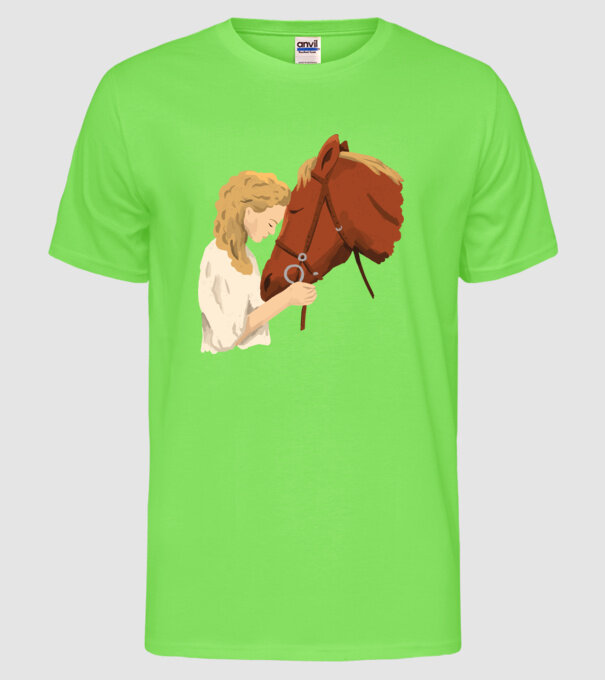 Fată cu cal model verde neon pe tricou