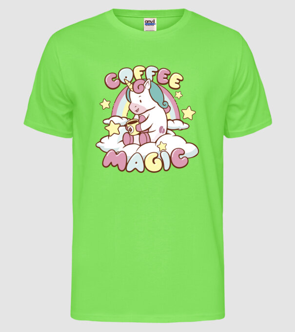 Cafea Magică Unicorn model verde neon pe tricou