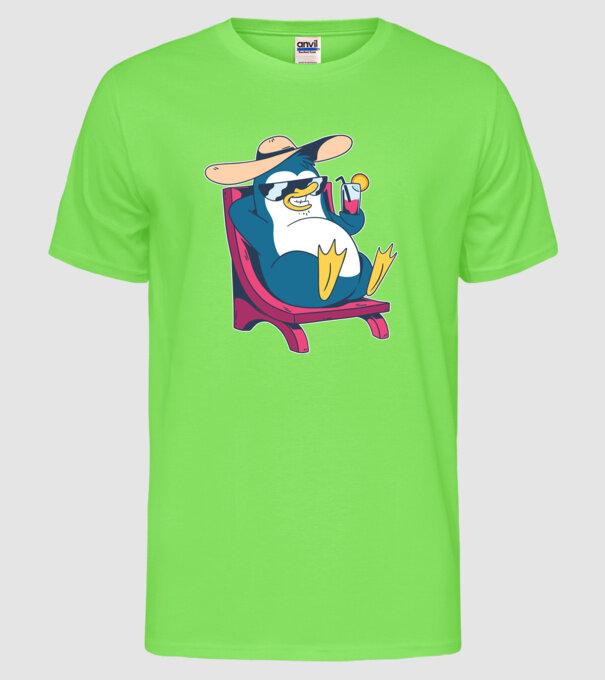 Pinguin cool stă la plajă la mare model verde neon pe tricou
