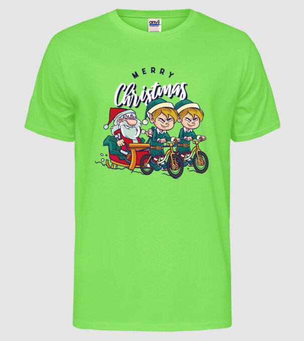 Merry Christmas Moș Crăciun cu sanie cu bicicletă model verde neon pe tricou
