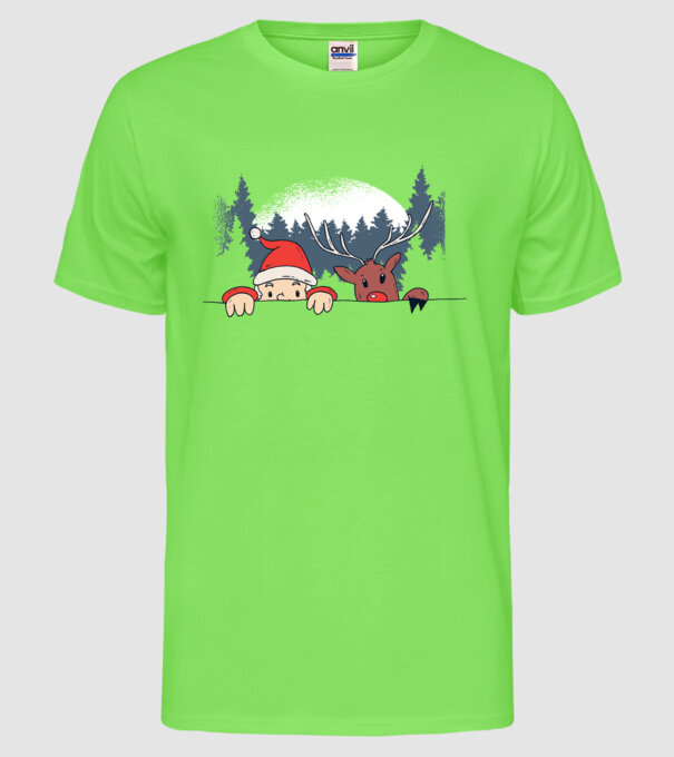 Moș Crăciun și Rudolf trag cu ochiul model verde neon pe tricou