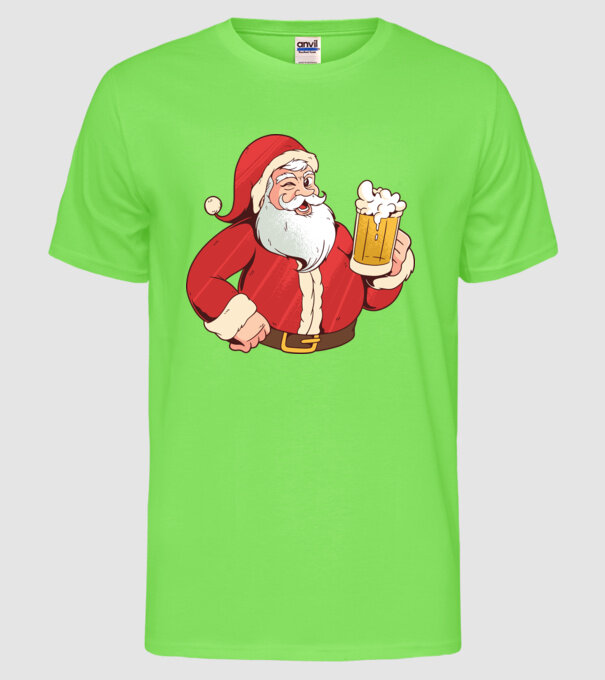 Moș Crăciun cu bere tricou amuzant model verde neon pe tricou