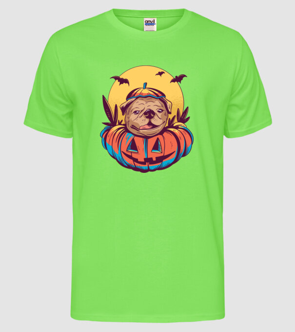 Mops Halloween model verde neon pe tricou
