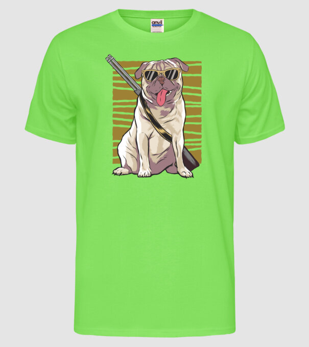 Mops cu pușcă tricou amuzant cu câine model verde neon pe tricou