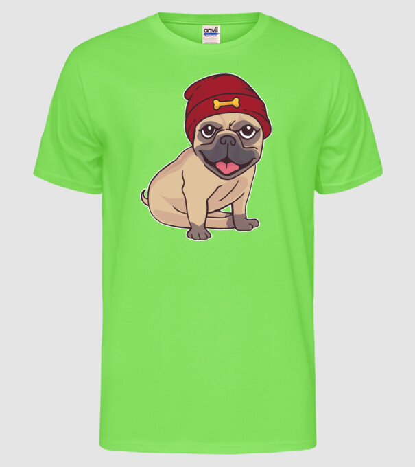 Mops cu șapcă model verde neon pe tricou