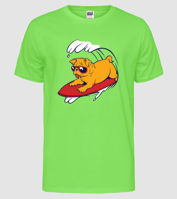 Mops Surf model verde neon pe tricou