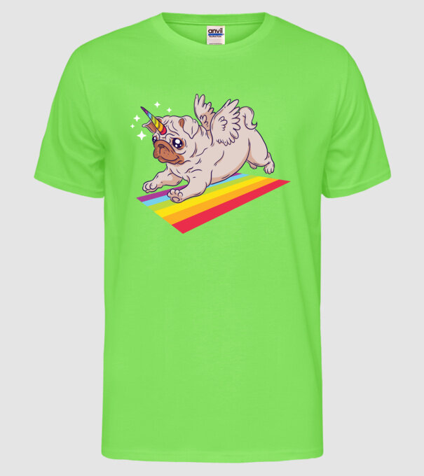 Mops unicorn model verde neon pe tricou