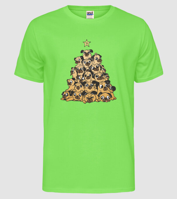 pom de Crăciun cu cățel (mops) model verde neon pe tricou