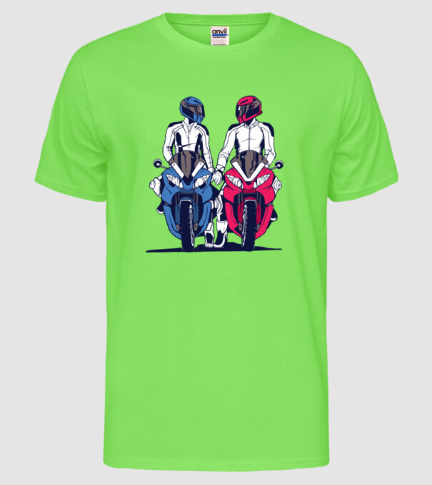 Cuplu de motocicliști model verde neon pe tricou