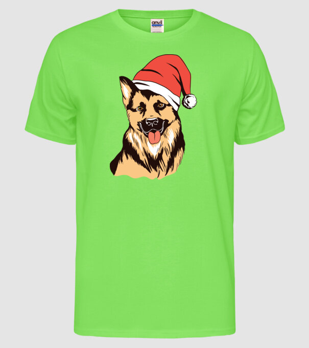 Ciobănesc german în căciulă de Moș Crăciun model verde neon pe tricou