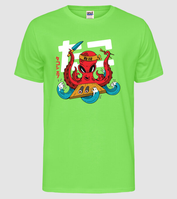 Octopus Sushi model verde neon pe tricou