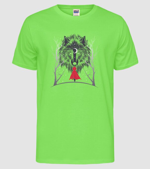 Scufița Roșie și Lupul noaptea tricou model verde neon pe tricou