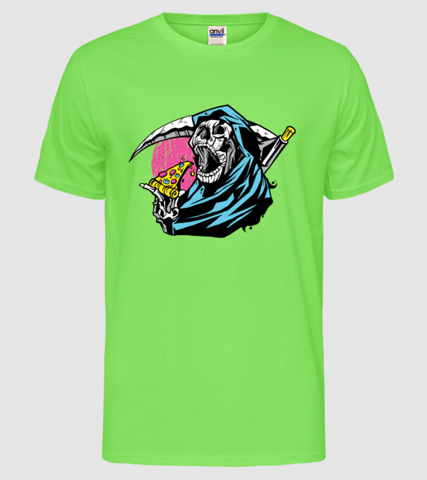 Om cu coasă și pizza model verde neon pe tricou