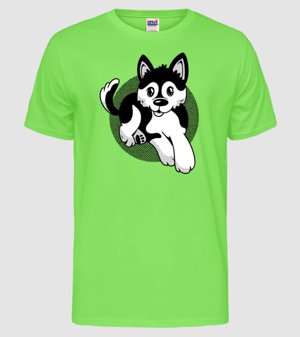 Câine Pomsky model verde neon pe tricou
