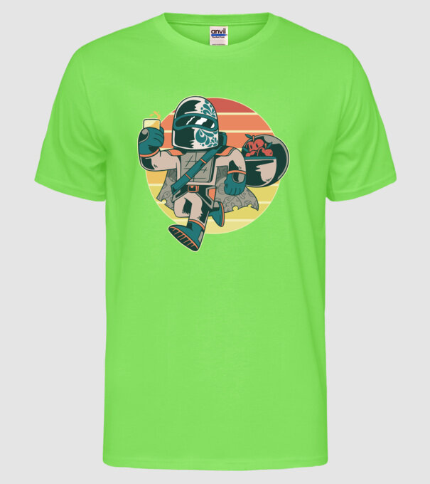 Războinic Mandalorian Retro model verde neon pe tricou