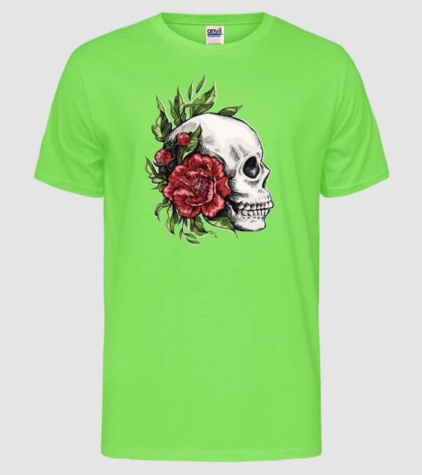 Trandafiri și craniu model verde neon pe tricou