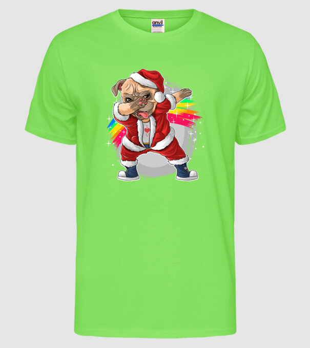 Santa Mops Moș Crăciun model verde neon pe tricou