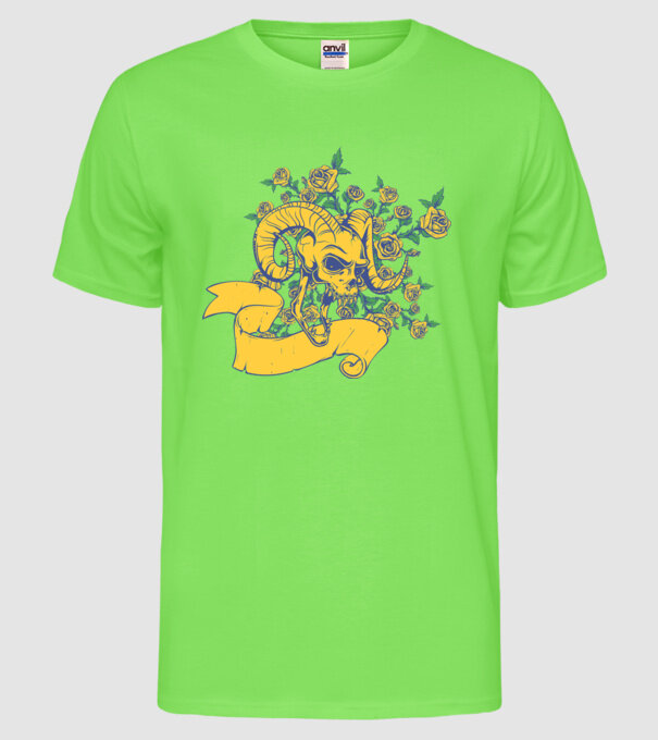 Skull with Roses model verde neon pe tricou
