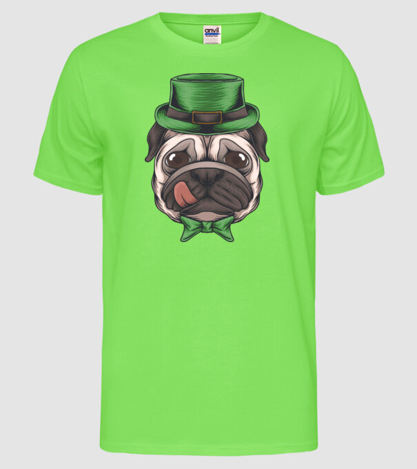 Mops Sfântul Patrick model verde neon pe tricou