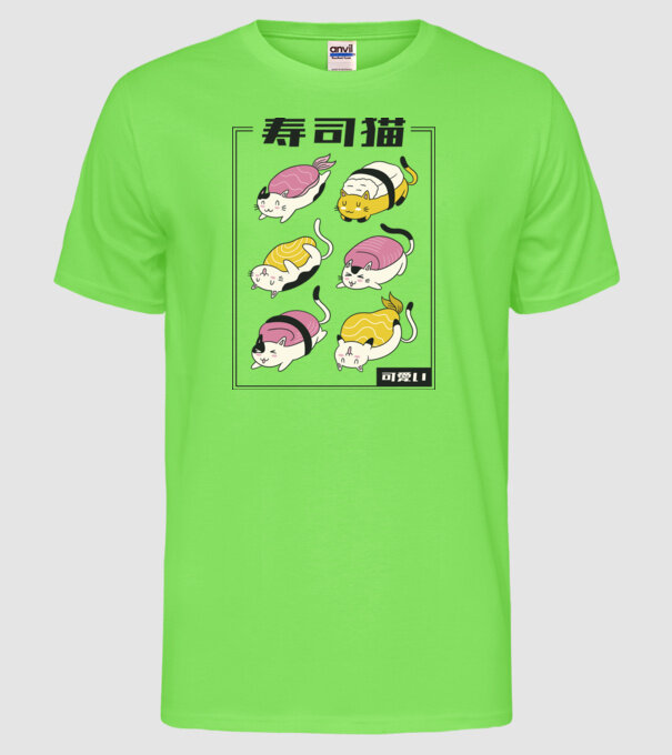 Pisicuțe Sushi model verde neon pe tricou