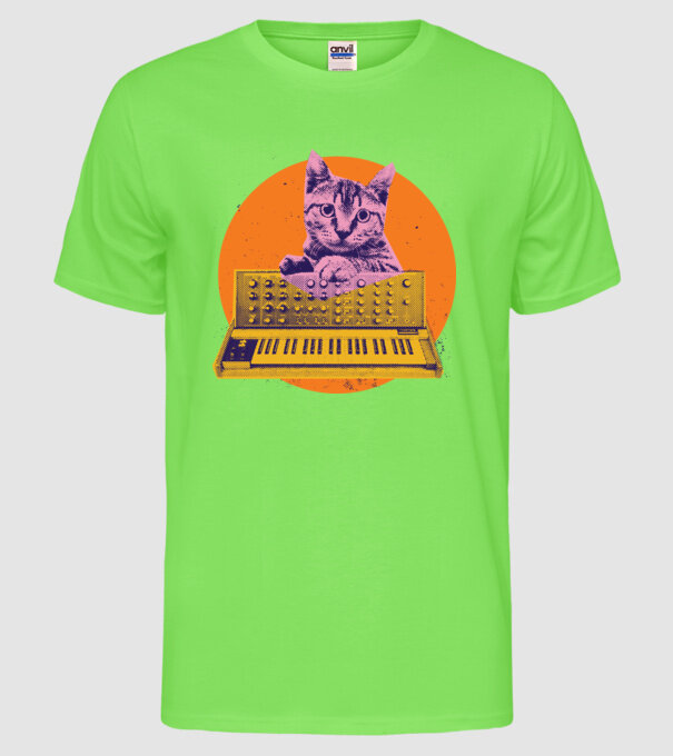 Pisică cu sintetizator model verde neon pe tricou