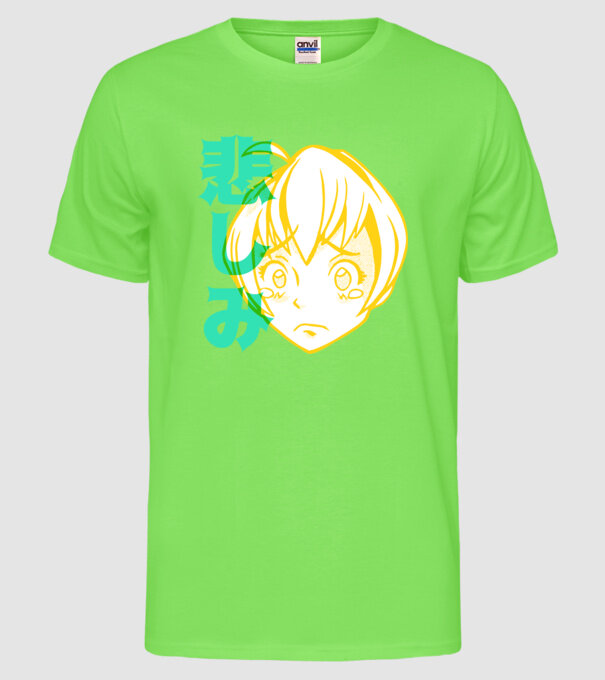 fată tristă Anime model verde neon pe tricou