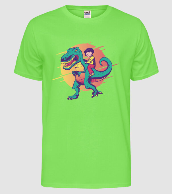 T-rex Gamer dinozaur model verde neon pe tricou