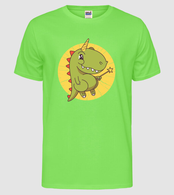 T-rex Unicorn cu baghetă magică model verde neon pe tricou