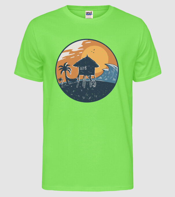 Bungalou pe plajă model verde neon pe tricou