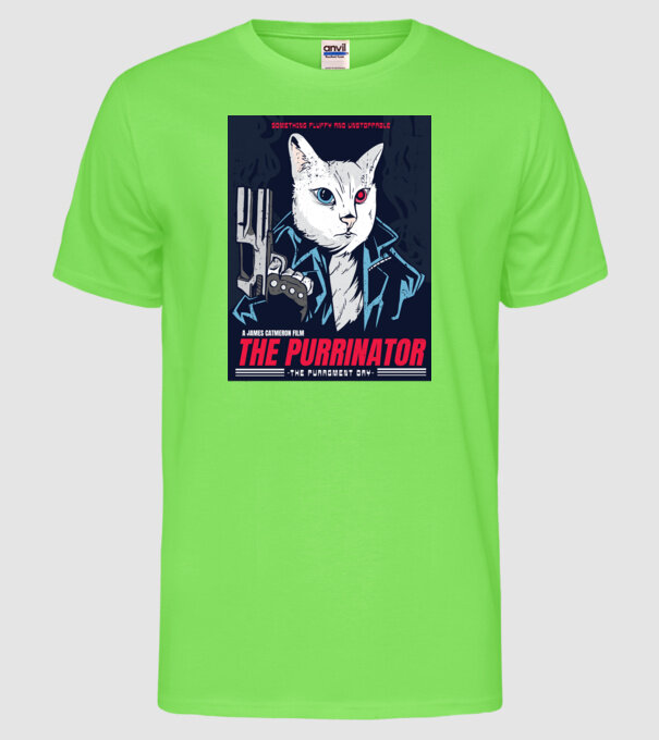 The Purrinator Pisică model verde neon pe tricou