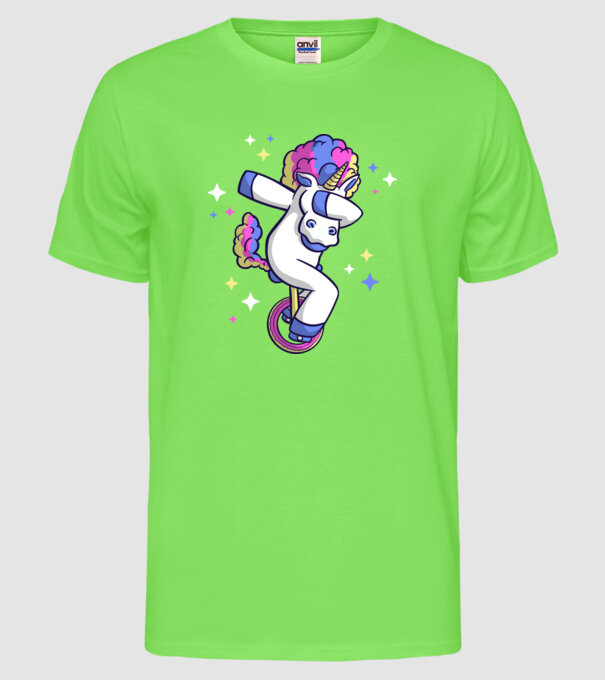 Unicorn pe monociclu model verde neon pe tricou