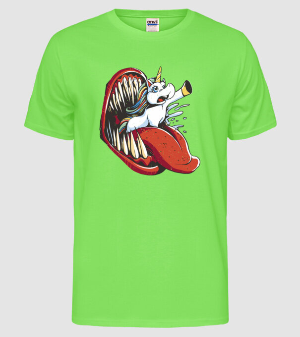 În gura monstrului Unicorn model verde neon pe tricou