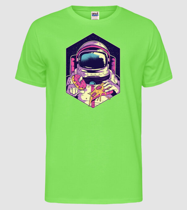 Astronaut Gogoașă și Pizza model verde neon pe tricou