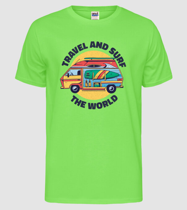 Călătorie și Surf în jurul lumii model verde neon pe tricou