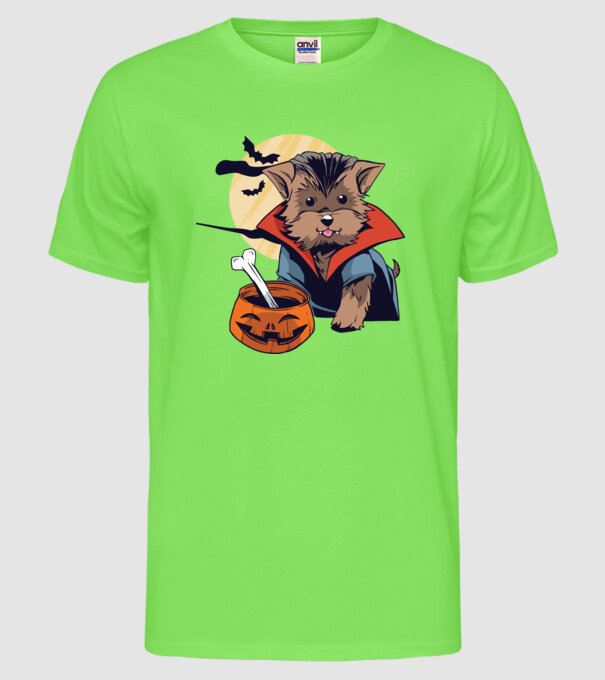 Vampir Yorkie Halloween model verde neon pe tricou