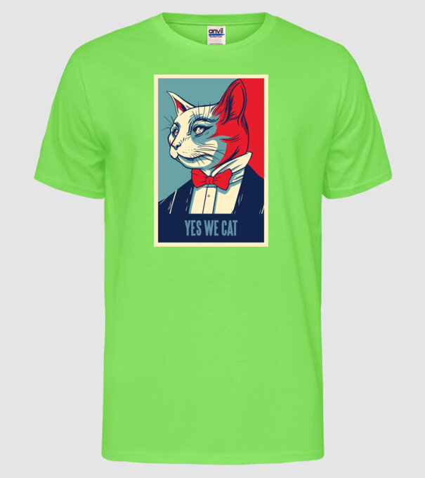 Yes We Cat poster cu pisică model verde neon pe tricou