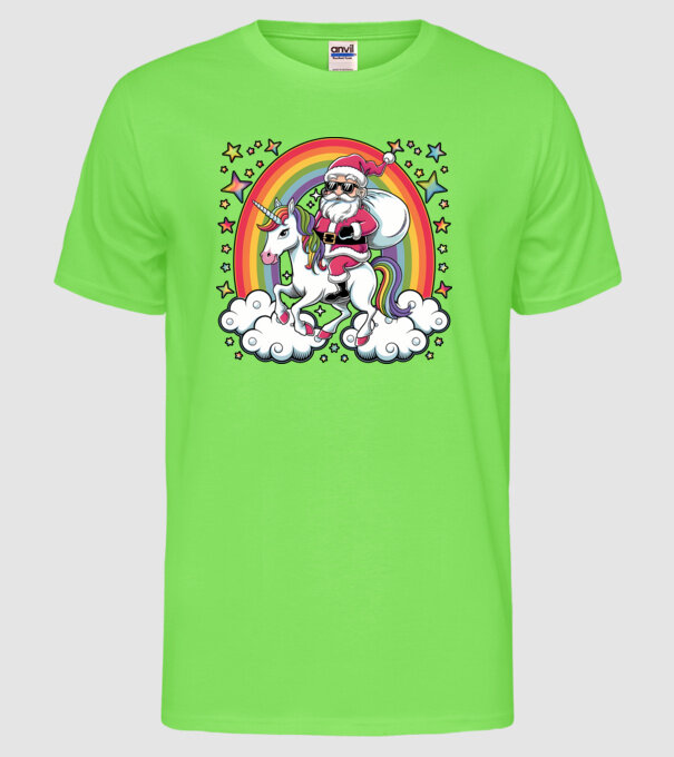 Moș Crăciun cool pe un unicorn model verde neon pe tricou