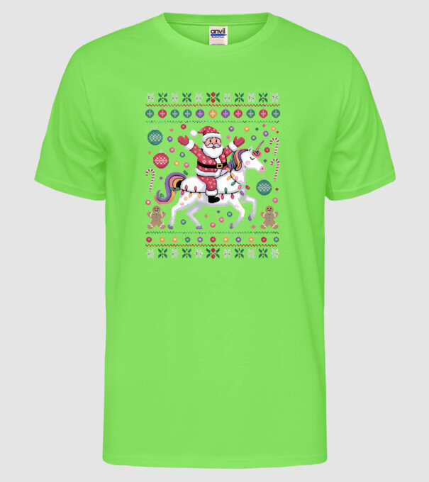 Moș Crăciun pe un pulover urât unicorn model verde neon pe tricou